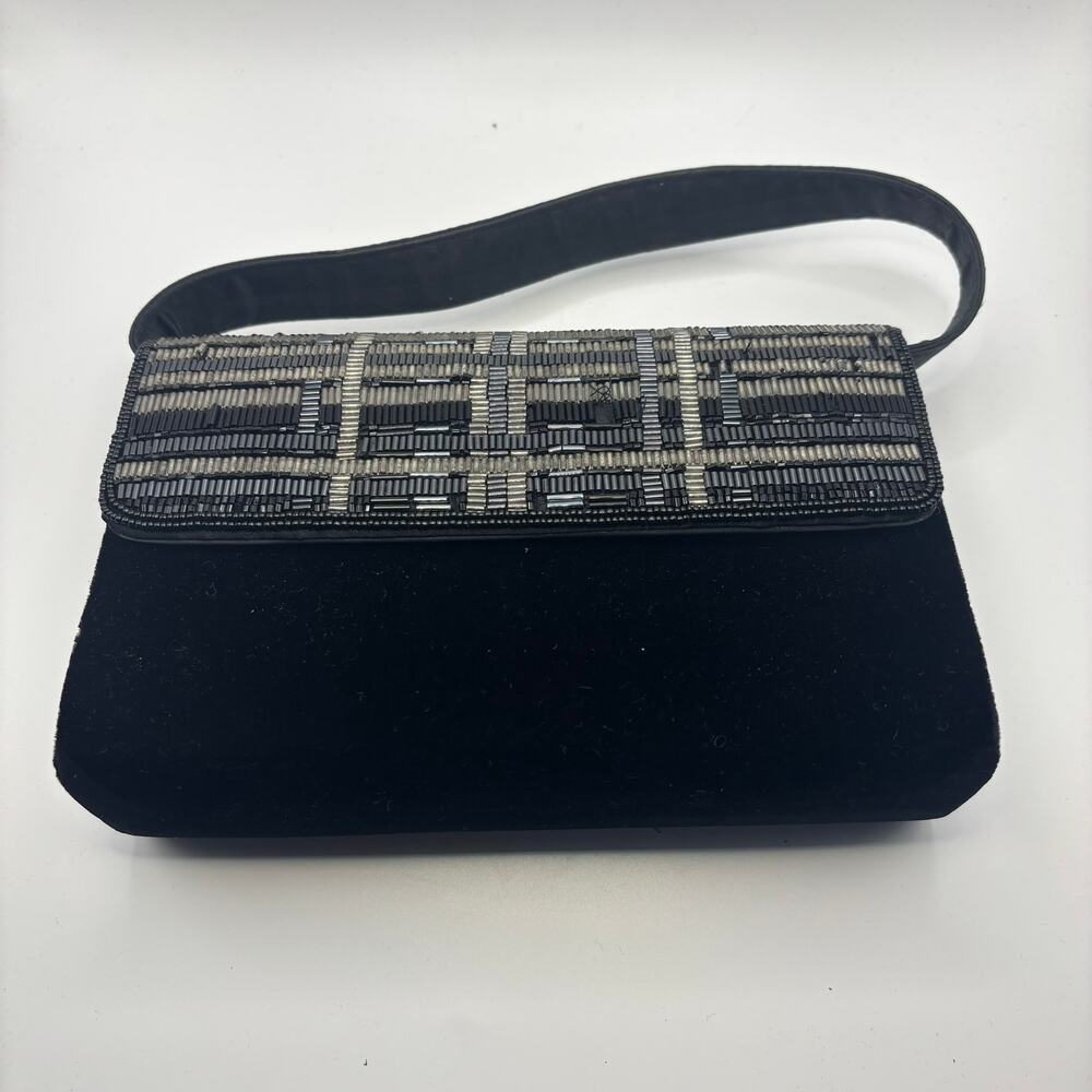 Black Velvet Beaded Wristlet Clutch Purse Evening Bag Art Deco Glam